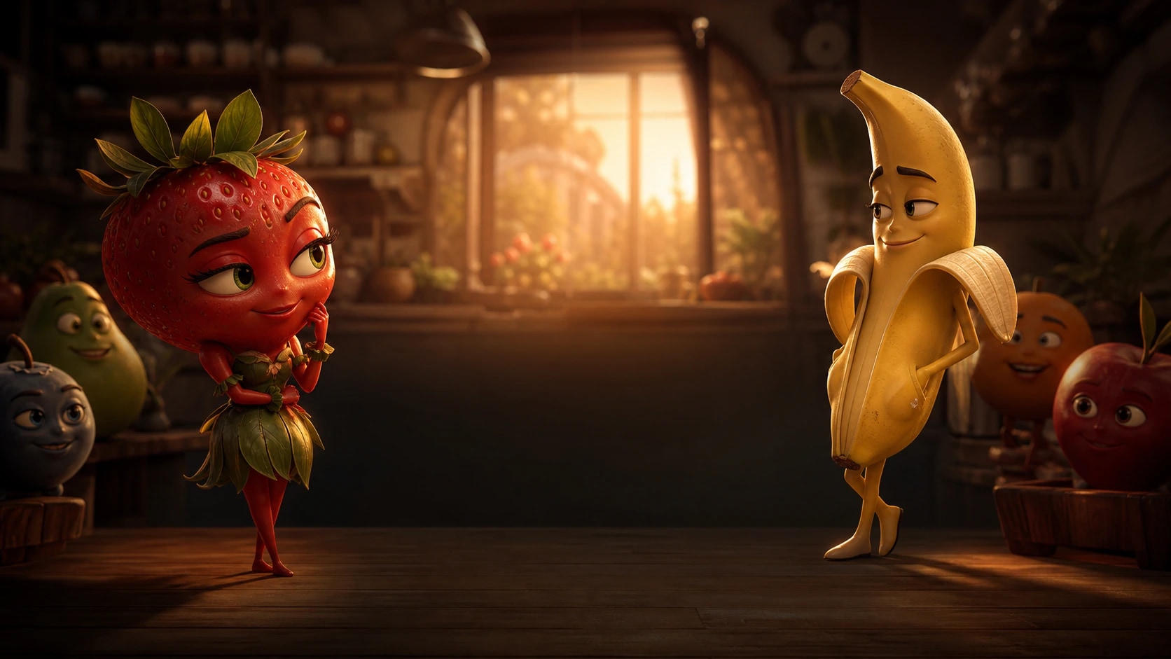 Strawberry and banana characters in a cinematic fruit drama scene