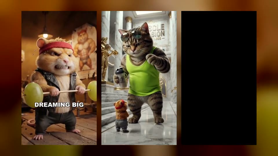 Three vertical AI renders side by side: a hamster in a gym, a cat in sunglasses and a baby podcast.