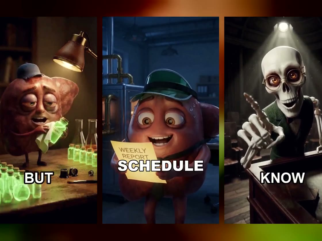 Three vertical AI clips side by side: the organs on the night shift, a kidney at a desk lamp and a skeleton professor in his study.