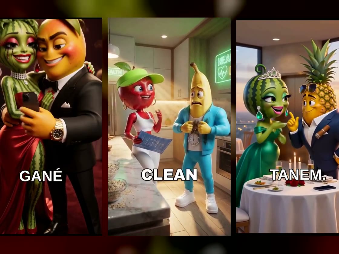 Three vertical AI fruit episodes side by side: a watermelon diva at a gala in Spanish, an apple and a banana in a neon kitchen, a rooftop date in Turkish.
