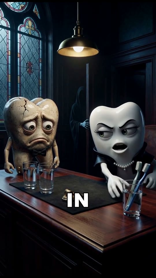 Vertical AI episode: two talking teeth arguing at a bar at night, with burned-in word captions.