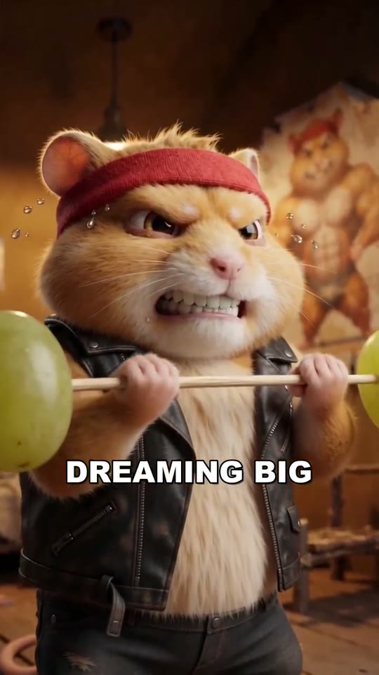 Vertical AI episode: a hamster in a headband lifting grapes in a gym, with burned-in Turkish captions.