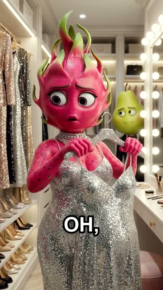 Vertical AI episode: a pear and a dragonfruit sharing a spicy secret in a dark bar, with burned-in captions.