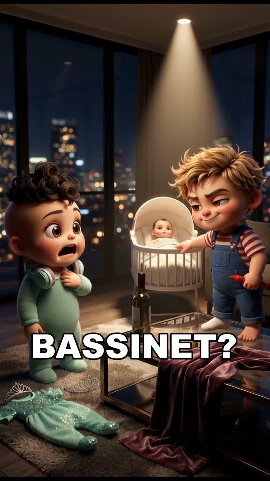 Vertical AI episode: a baby podcast with two toddlers at the mic in a night nursery, with burned-in English captions.