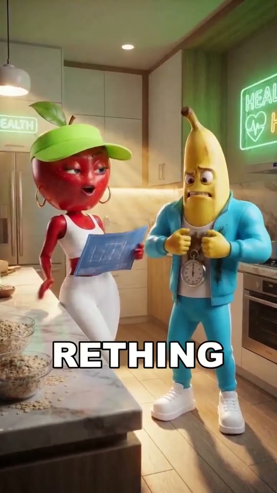 Vertical AI episode: an apple and a banana arguing in a neon kitchen, with burned-in English captions.