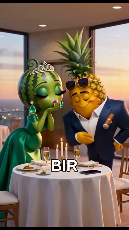 Vertical AI episode in Turkish: a watermelon and a pineapple on a candlelit rooftop date, with burned-in Turkish captions.