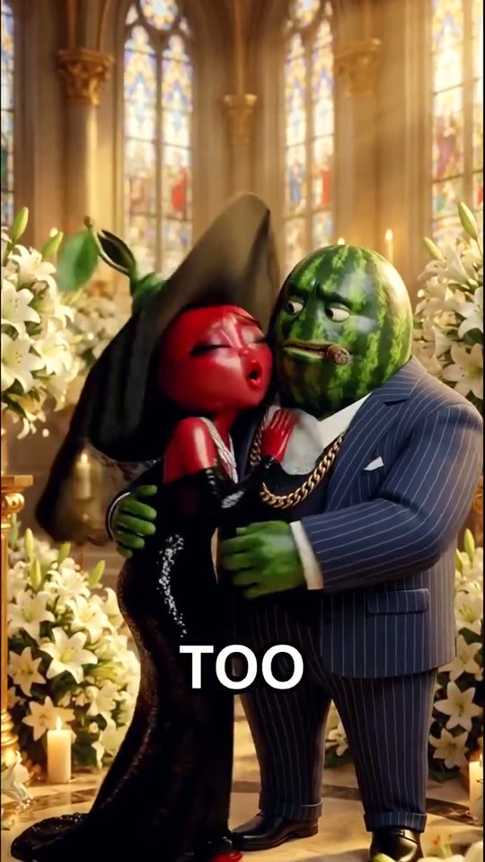 Vertical AI episode: a watermelon mafia boss and a strawberry in a gothic hall, with burned-in captions.