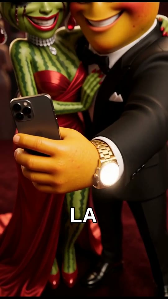 Vertical AI episode in Spanish: a watermelon diva and an orange taking a selfie at a gala, with burned-in Spanish captions.