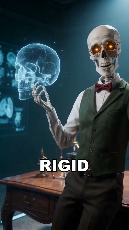 Vertical AI episode: a skeleton professor holding a glowing x-ray skull in his study, with burned-in English captions.
