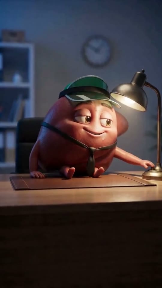 Vertical AI episode: a kidney working the night shift at a desk lamp, with burned-in English captions.